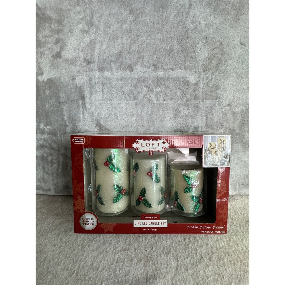 Loft Living 3pc‎ Flameless LED Candle Set Holly Berry Glitter Wax Timer Holiday
